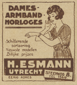 717257 Advertentie van H. Esmann, Juwelier, Steenweg 8 te Utrecht, voor damesarmbandhorloges.